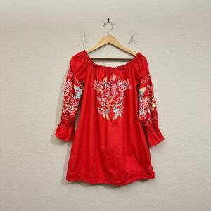FREE PEOPLE Fleur Du Jour Mini Dress Red Floral Off The Shoulder Boho